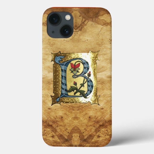 BLUE GOLD B LETTER WITH FLOWERS MONOGRAM Case-Mate iPhone CASE (Back)