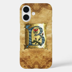 BLUE GOLD B LETTER WITH FLOWERS MONOGRAM iPhone 16 CASE