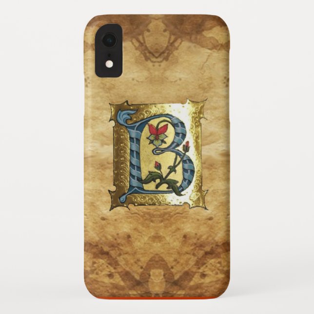 BLUE GOLD B LETTER WITH FLOWERS MONOGRAM Case-Mate iPhone CASE (Back)