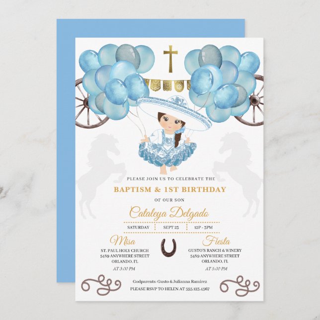 Blue & Gold Baby Charra Mexican Balloons Baptism Invitation (Front/Back)