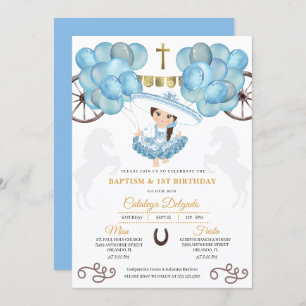 Blue & Gold Baby Charra Mexican Balloons Baptism Invitation