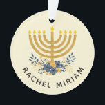 Blue & Gold Baby's First Hanukkah | Dated Keepsake Ornament<br><div class="desc">This keepsake design features baby's name and a watercolor menorah with a flower bouquet on the front side and the year and "First Hanukkah" on the reverse side. If you prefer a different background colour,  choose the customise option.</div>