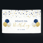 Blue & Gold Balloon 5th Kids Birthday Banner<br><div class="desc">This cute birthday banner features gold & navy blue confetti and balloon graphics. You can customise the text for your event. Perfect modern party decor for a  boy's birthday. Matching invitation and party supplies are available at my shop BaraBomDesign.</div>