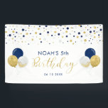 Blue & Gold Balloon 5th Kids Birthday Banner<br><div class="desc">This cute birthday banner features gold & navy blue confetti and balloon graphics. You can customise the text for your event. Perfect modern party decor for a  boy's birthday. Matching invitation and party supplies are available at my shop BaraBomDesign.</div>