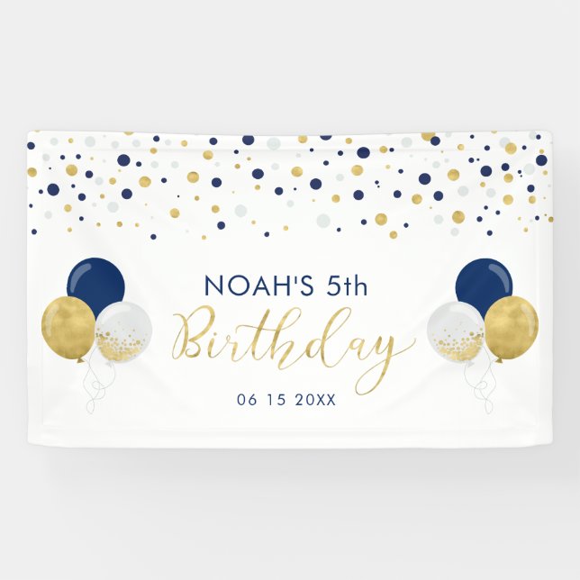 Blue & Gold Balloon 5th Kids Birthday Banner (Horizontal)