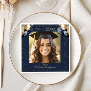 Blue Gold Balloon Glitter Graduation Party Photo Napkin