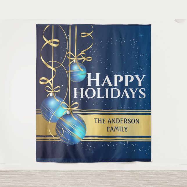 Blue gold balls pretty ribbon Christmas greetings Tapestry (Front)