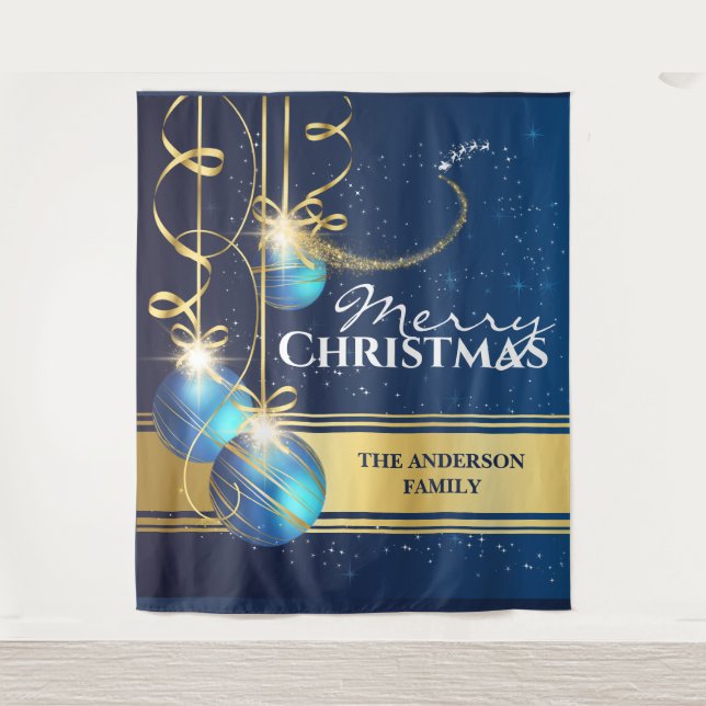 Blue gold balls Santa sleigh reindeer xmas wishes Tapestry (Front)