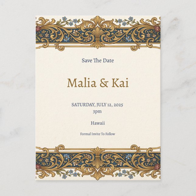Blue Gold Baroque Save the Date Postcard (Front)