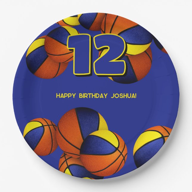 blue gold basketballs boys girls sports party paper plate (Front)