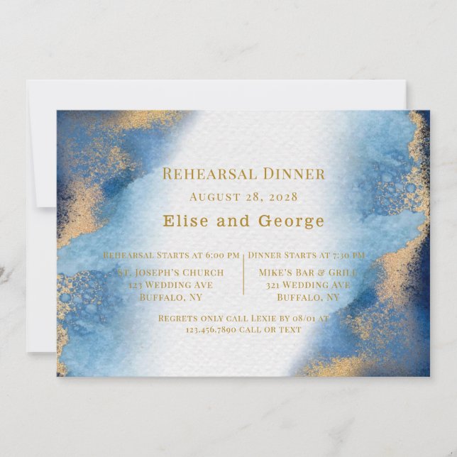 Blue Gold Beach Agate Geometric Rehearsal Dinner Invitation (Front)