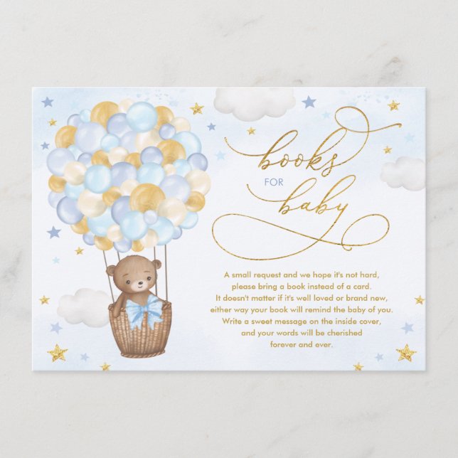 Blue Gold Bear Hot Air Balloon Books for Baby Boy Enclosure Card (Front)