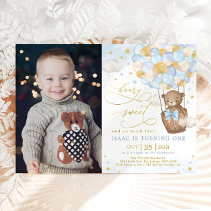 Blue Gold Bear Hot Air Balloon Boy 1st Birthday Invitation