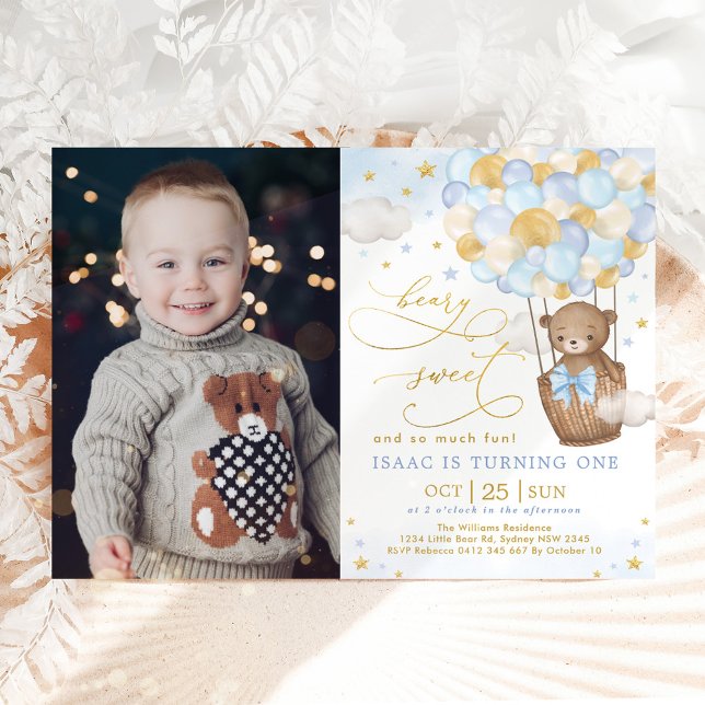 Blue Gold Bear Hot Air Balloon Boy 1st Birthday Invitation (Creator Uploaded)