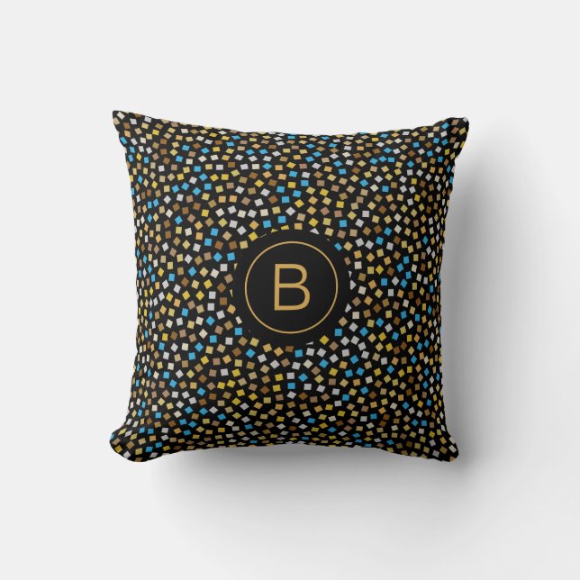 Blue Gold Beige Grey Stipples Initial Customised Cushion (Front)