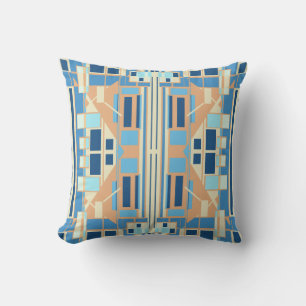 Blue Gold Beige Symmetrical Mediterranean Art Look Cushion