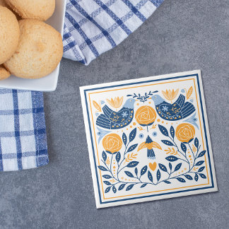 Blue Gold Bird Hygge Pattern Tile