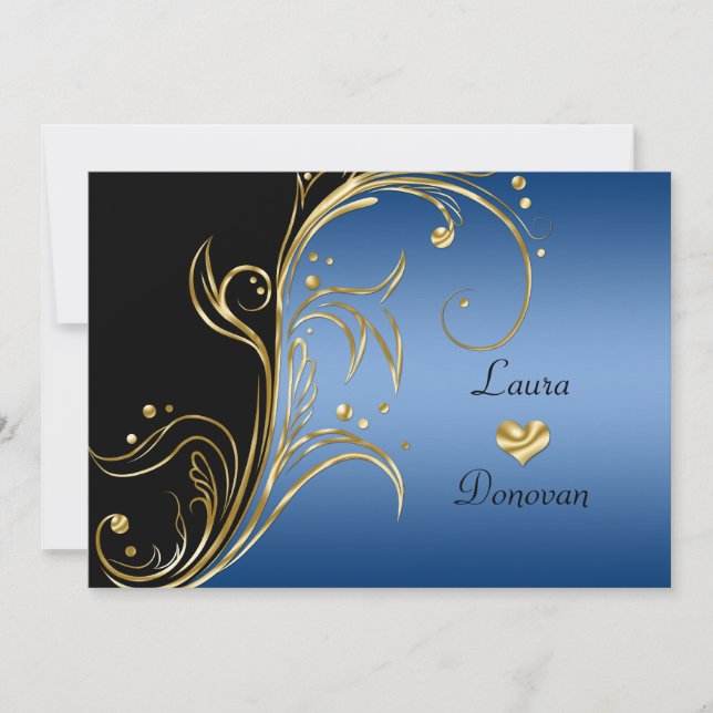 Blue Gold Black Floral Swirls Reception Only Invitation (Front)