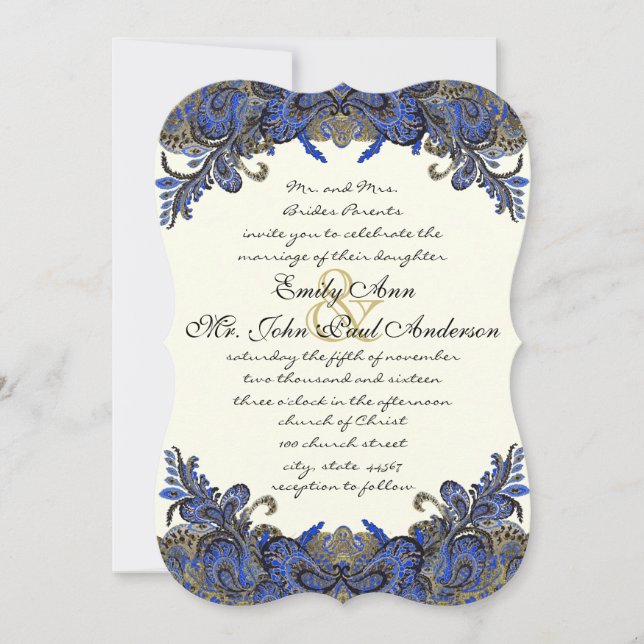 Blue Gold & Black Peacock Ivory Wedding Invitation (Front)