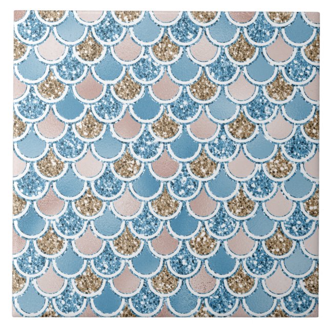 Blue Gold Blush Beige Glitter Mermaid Tile (Front)