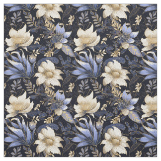 Blue & Gold Boho Chic Floral Pattern Fabric