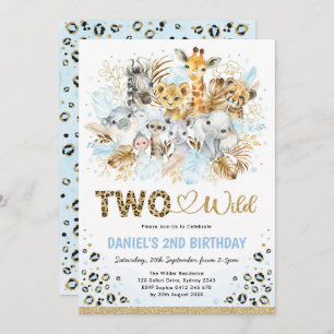 Blue Gold Boho Jungle Safari Two Wild 2nd Birthday Invitation