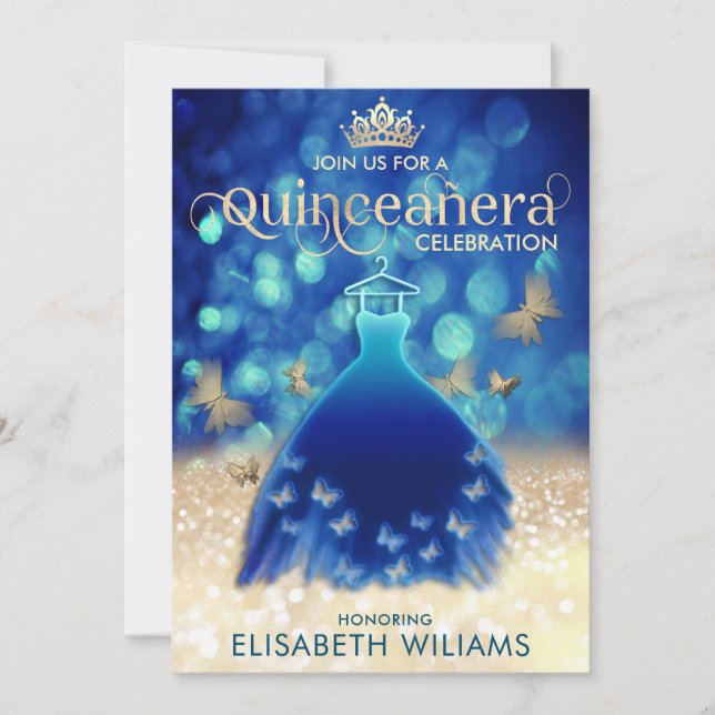 Blue gold bokeh butterfly dress  Quinceañera  Invitation (Front)