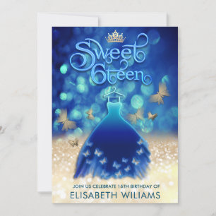 Blue gold bokeh butterfly dress typography invitation
