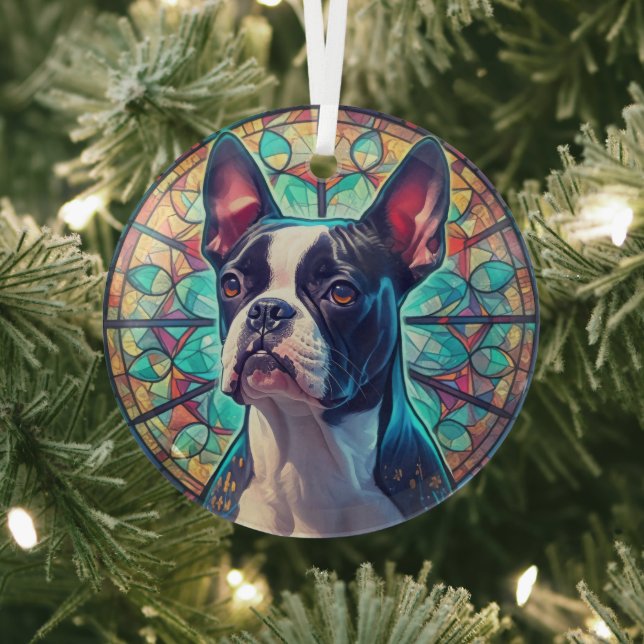 Blue Gold Boston Terrier Dog Stained Glass Tree Decoration (Insitu)