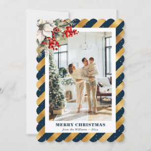Blue Gold Botanical Modern Photo Christmas Card