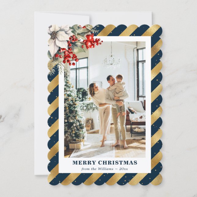 Blue Gold Botanical Modern Photo Christmas Card (Front)