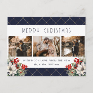 Blue Gold Botanical Photo Newlywed Holiday Postcard