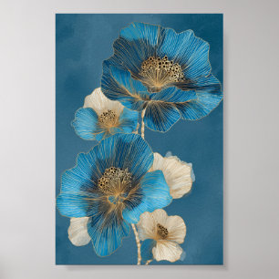 Blue Gold Botanical Poppy Line Art Floral Poster