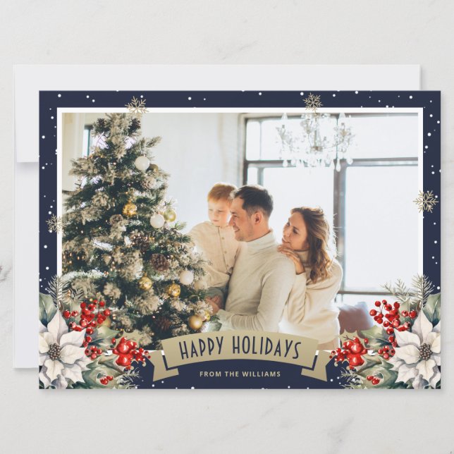 Blue Gold Botanical Snowflake Photo Holiday Card (Front)
