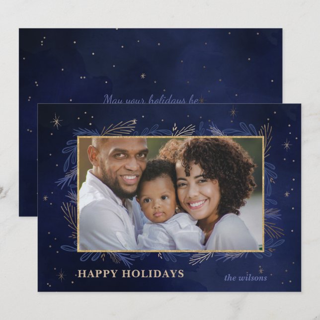 Blue Gold Botanical Sparkle Photo Holiday Card (Front/Back)