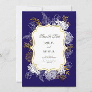 Blue Gold Botany Graphic Wedding Save The Date