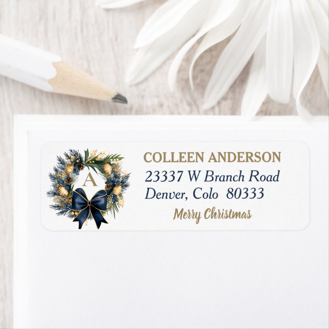 Blue Gold Bow Christmas Wreath Return Address (Insitu)