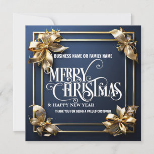 Blue gold bows business christmas photo logo qr  holiday card