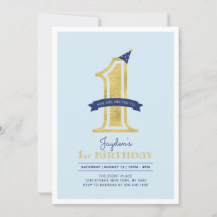 Blue & Gold    Boy 1st Birthday Party Invitation