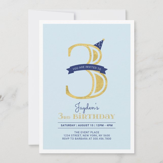 Blue & Gold |  Boy 3rd Birthday Party Invitation (Front)