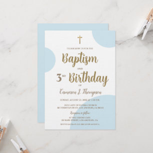 Blue Gold Boy Baptism 3RD Birthday Invitation