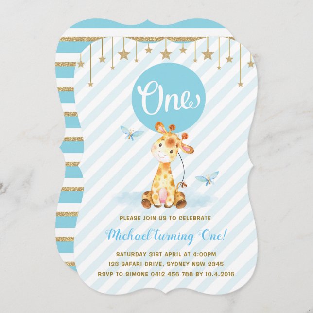 Blue Gold Boy Giraffe First Birthday Twinkle Star Invitation (Front/Back)