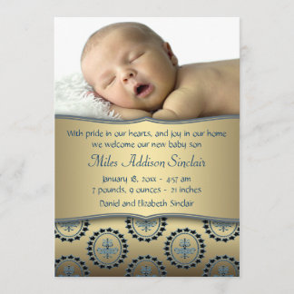 Blue Gold Boy Photo Birth Announcement