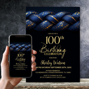 Blue Gold Braid 100th Birthday Party Invitation