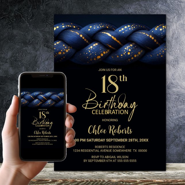 Blue Gold Braid 18th Birthday Party Invitation (Creator Uploaded)