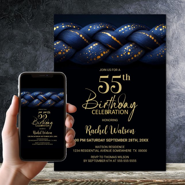 Blue Gold Braid 55th Birthday Party Invitation (Creator Uploaded)