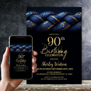 Blue Gold Braid 90th Birthday Party Invitation