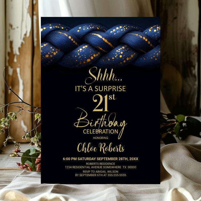 Blue Gold Braid Surprise 21st Birthday Party Invitation (Creator Uploaded)