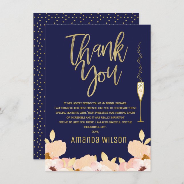 Blue Gold Bridal Shower Thank You Card (Front/Back)