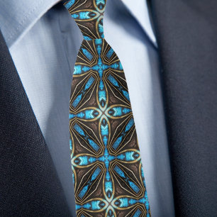 Blue Gold Brown Star X Pattern Necktie